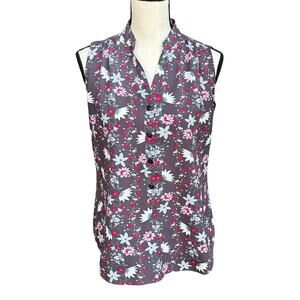 CAbi Fiesta Floral Plaza Top Sleeveless Blouse Gray Pink V-Neck Shirt XS #5210